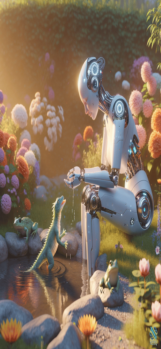 Robot Offering Water to Lizard in Garden