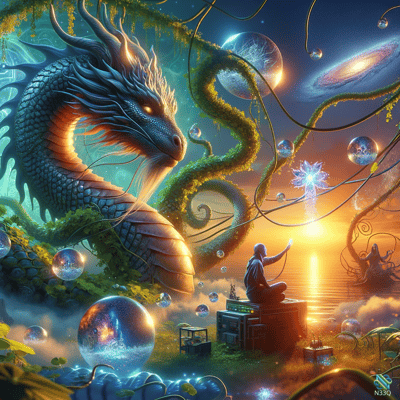Blue Dragon and Seer at Cosmic Sunset