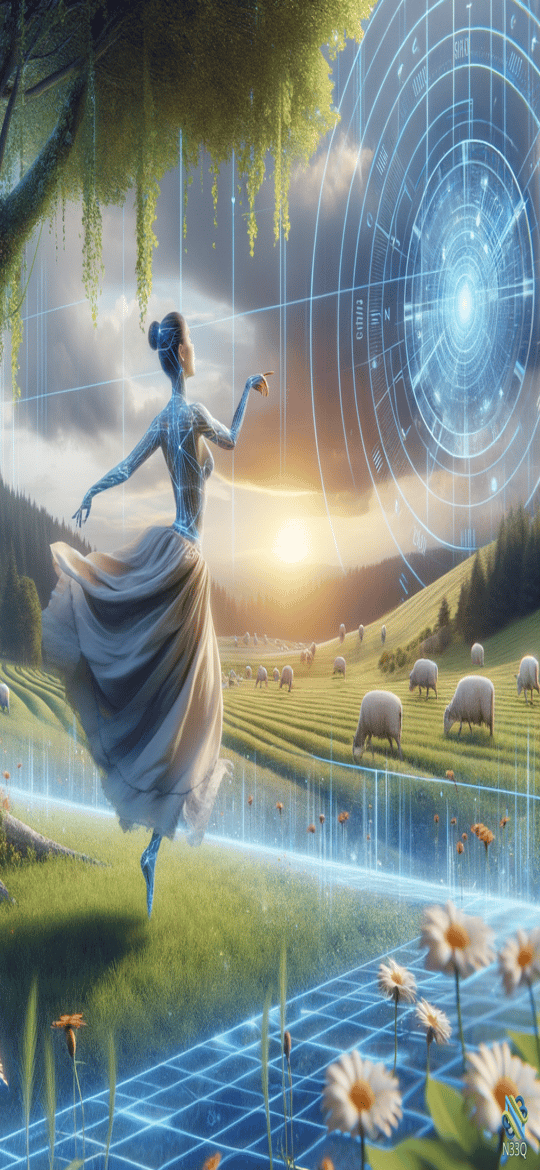 Holographic Woman Dancing in Sunset Meadow