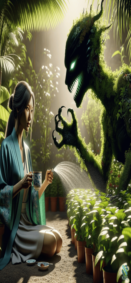 Woman in Kimono Faces Plant Monster