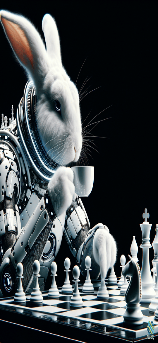 Cyborg Rabbit Sipping Tea Over Chess