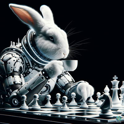 Cyborg Rabbit Sipping Tea Over Chess