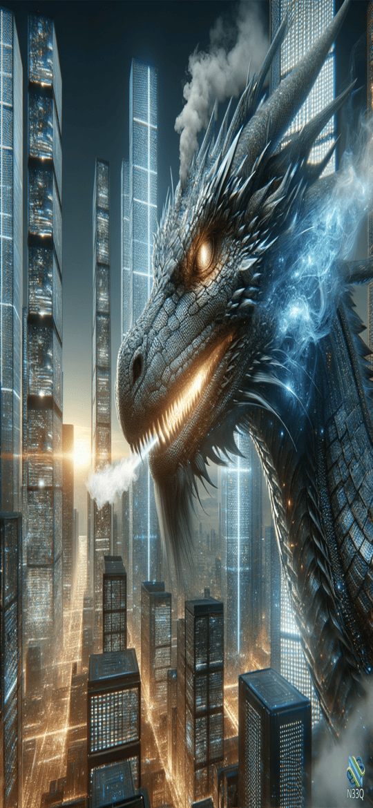 Giant Dragon Over Futuristic Cityscape