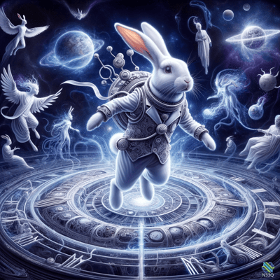Steampunk Rabbit Leaping Over Cosmic Clock