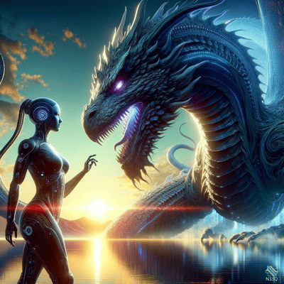 Cyborg Woman Facing Massive Blue Dragon