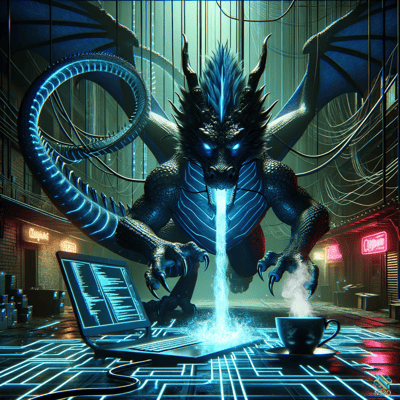 Neon Dragon Pouring Code into Laptop