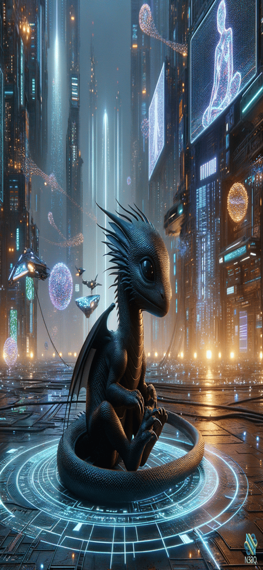 Young Dragon on Neon Cyberpunk Platform