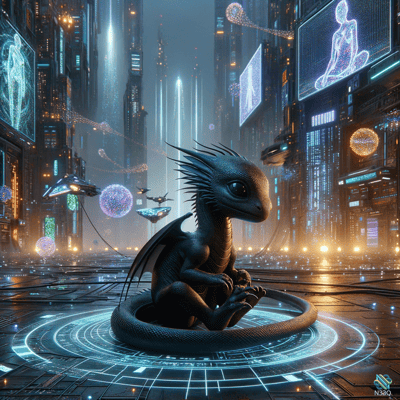 Young Dragon on Neon Cyberpunk Platform