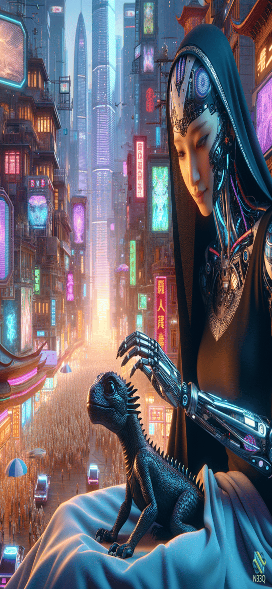 Cyborg Woman and Dragon in Neon City