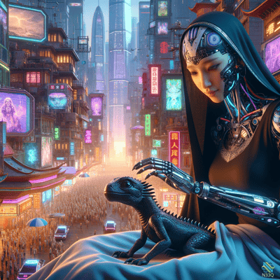 Cyborg Woman and Dragon in Neon City