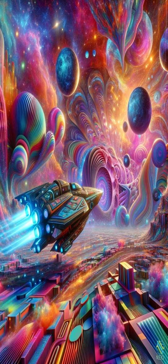 Spaceship Soaring Over Neon Cosmic Cityscape