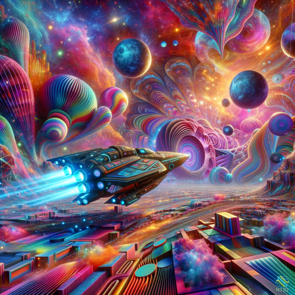 Spaceship Soaring Over Neon Cosmic Cityscape