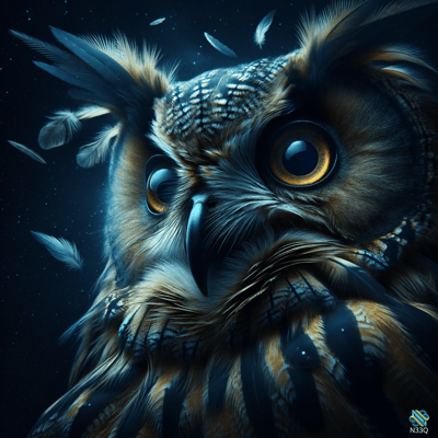 Owl Close-Up with Floating Feathers