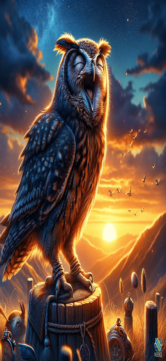 Owl Singing on Wooden Stump at Sunset