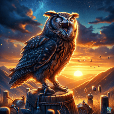 Owl Singing on Wooden Stump at Sunset