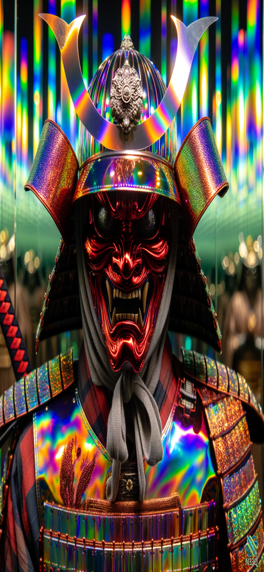 Iridescent Samurai with Red Demon Mask