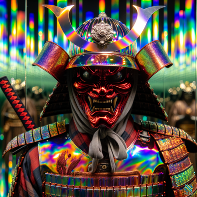 Iridescent Samurai with Red Demon Mask