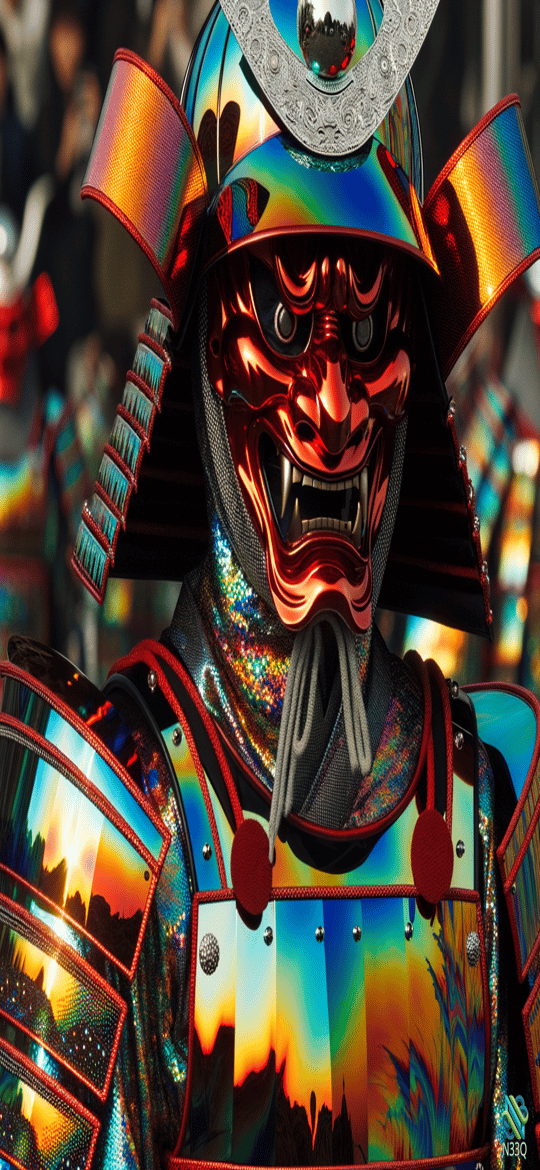 Iridescent Oni Samurai in Holographic Armor