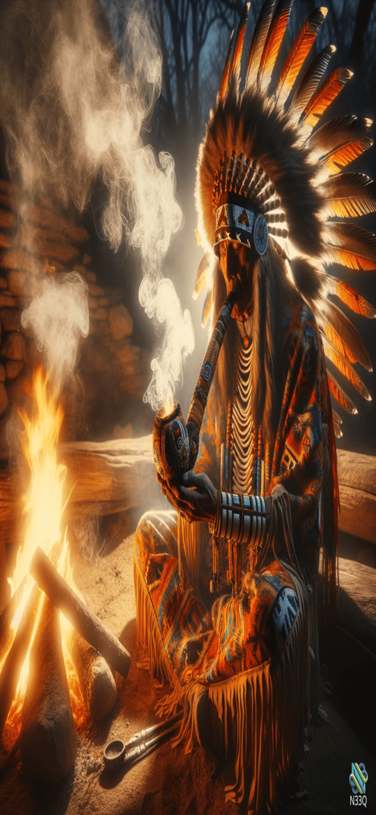 Native American Chief Smoking Pipe by Campfire