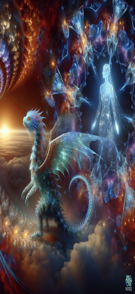 Dragon and Luminous Figure in Cosmic Nebula
