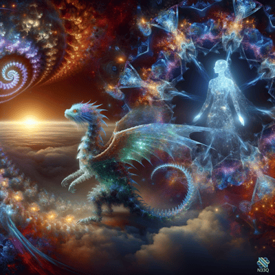 Dragon and Luminous Figure in Cosmic Nebula