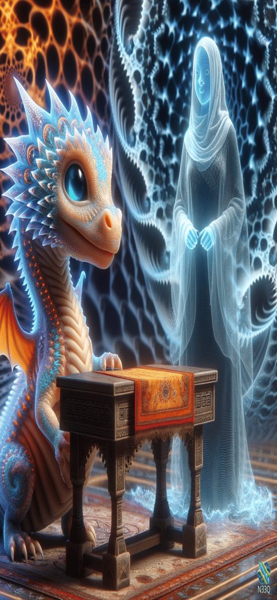 Blue Dragon and Ethereal Woman at Table