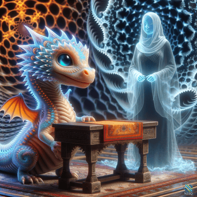 Blue Dragon and Ethereal Woman at Table