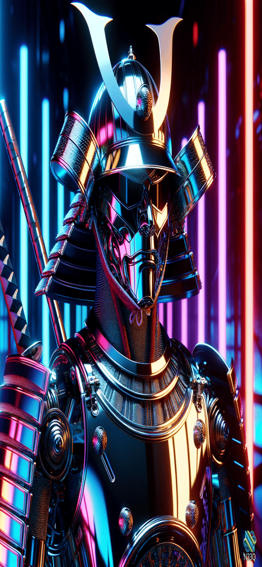 Neon Cyberpunk Samurai in Metallic Armor