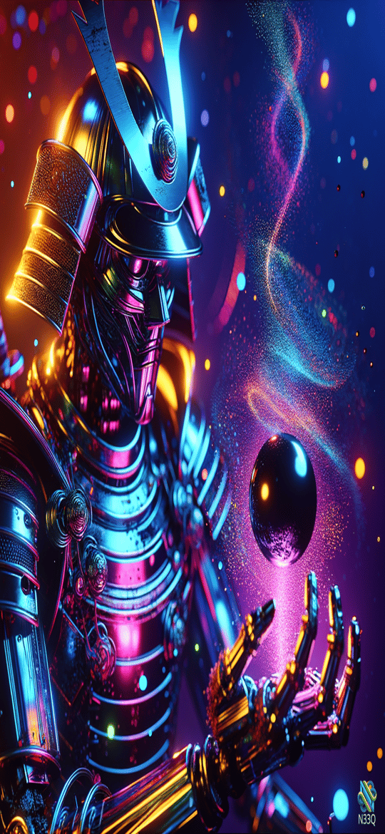 Neon Robotic Samurai Holding Dark Orb