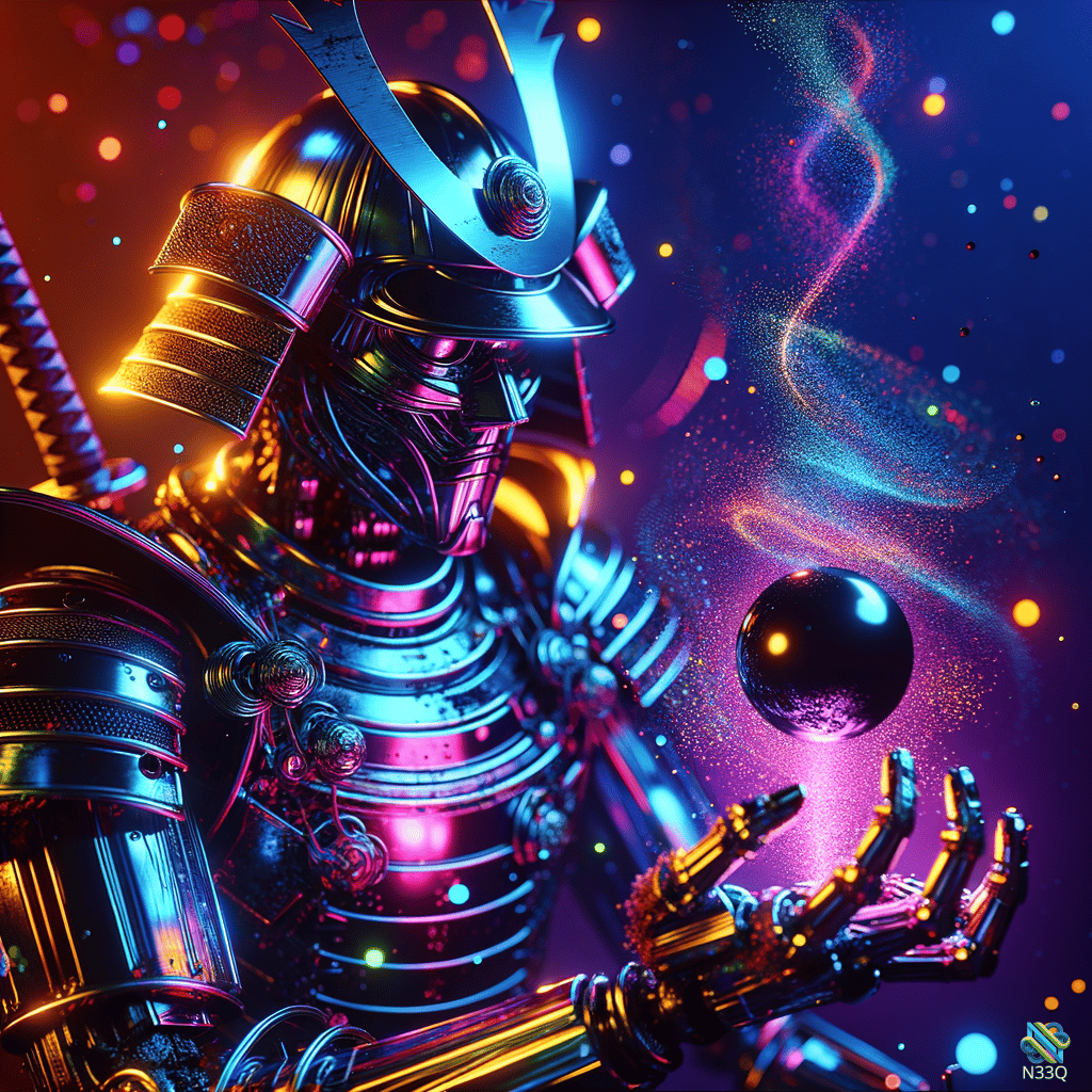 Neon Robotic Samurai Holding Dark Orb
