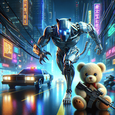 Cybernetic Panther Robot and Armed Teddy Bear