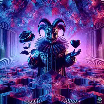 Masked Jester Holding Blue Rose and Heart