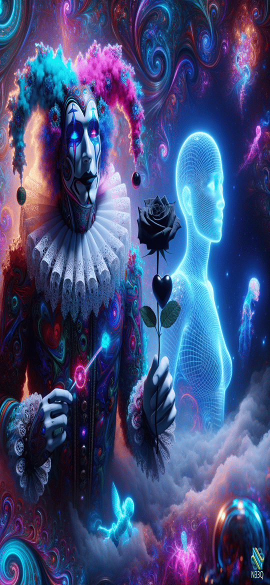 Jester Holding Black Rose with Holographic Figure