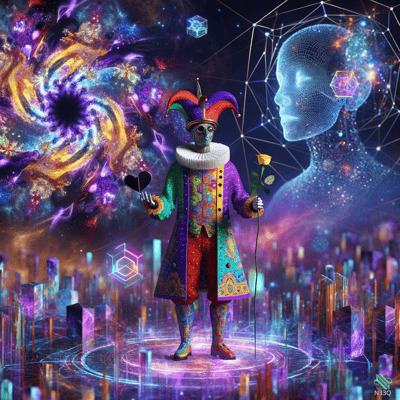 Cosmic Jester Holding Heart and Rose