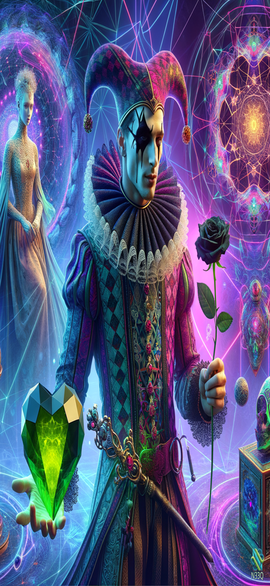 Harlequin Jester with Emerald Heart and Rose