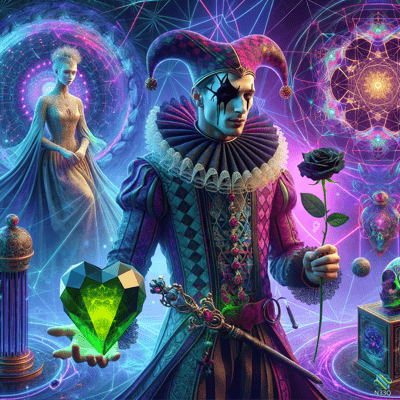 Harlequin Jester with Emerald Heart and Rose