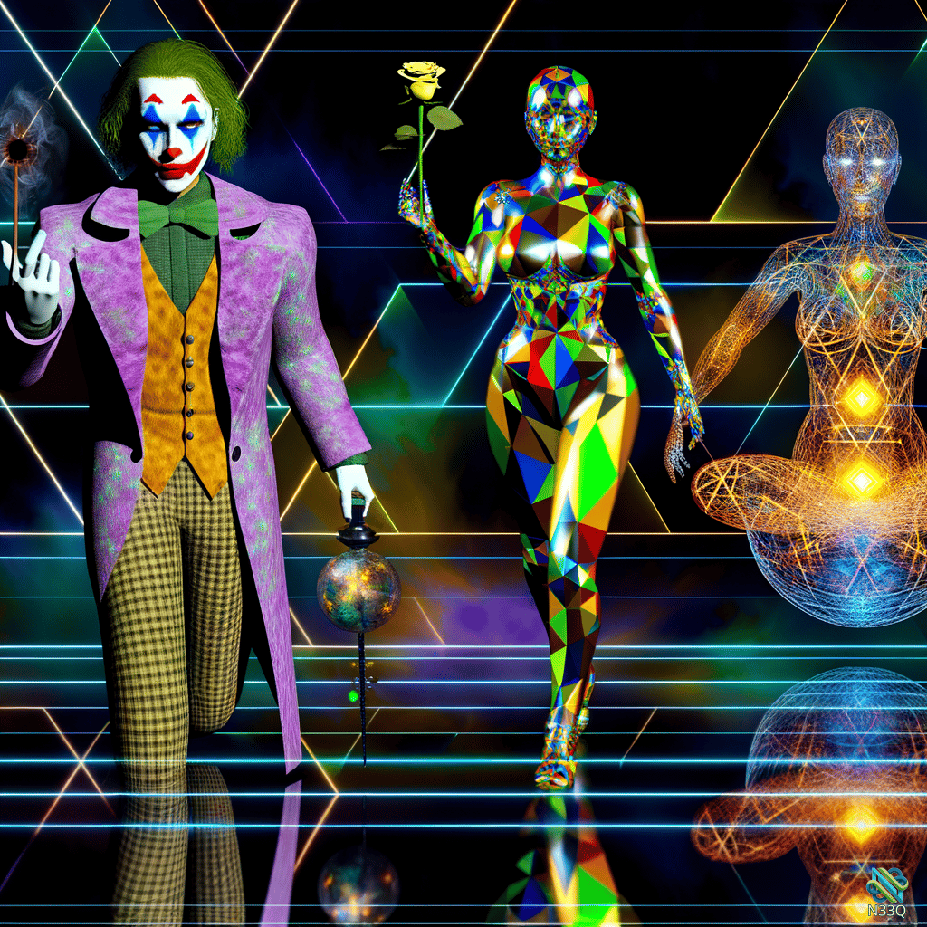 Joker with Faceted Woman and Holographic Figures