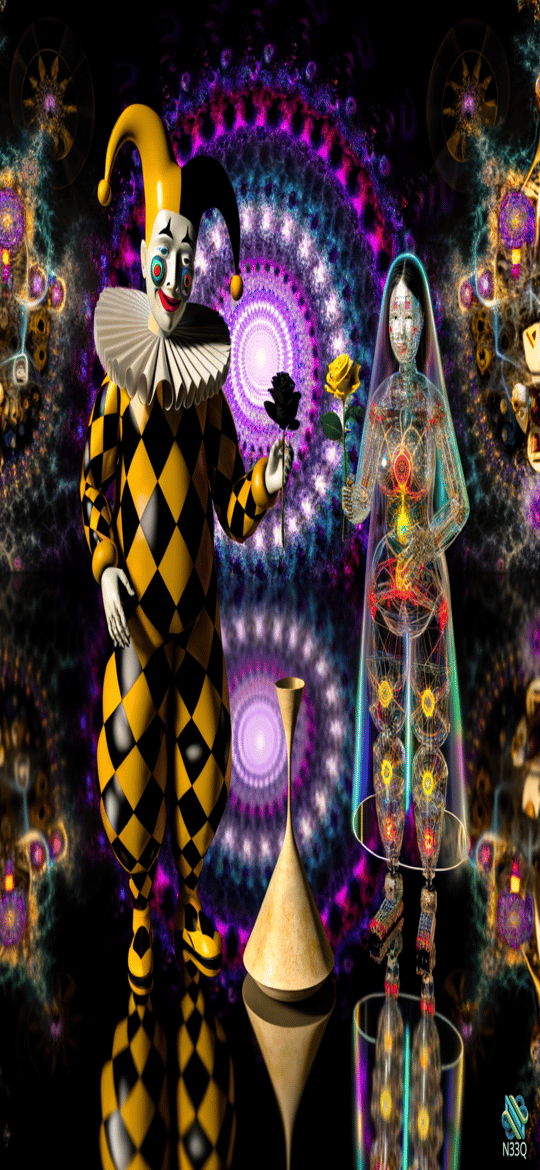 Jester Offering Black Rose to Cyborg Bride