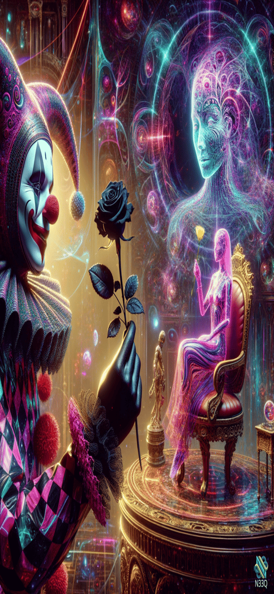 Clown Offering Black Rose to Neon Goddess