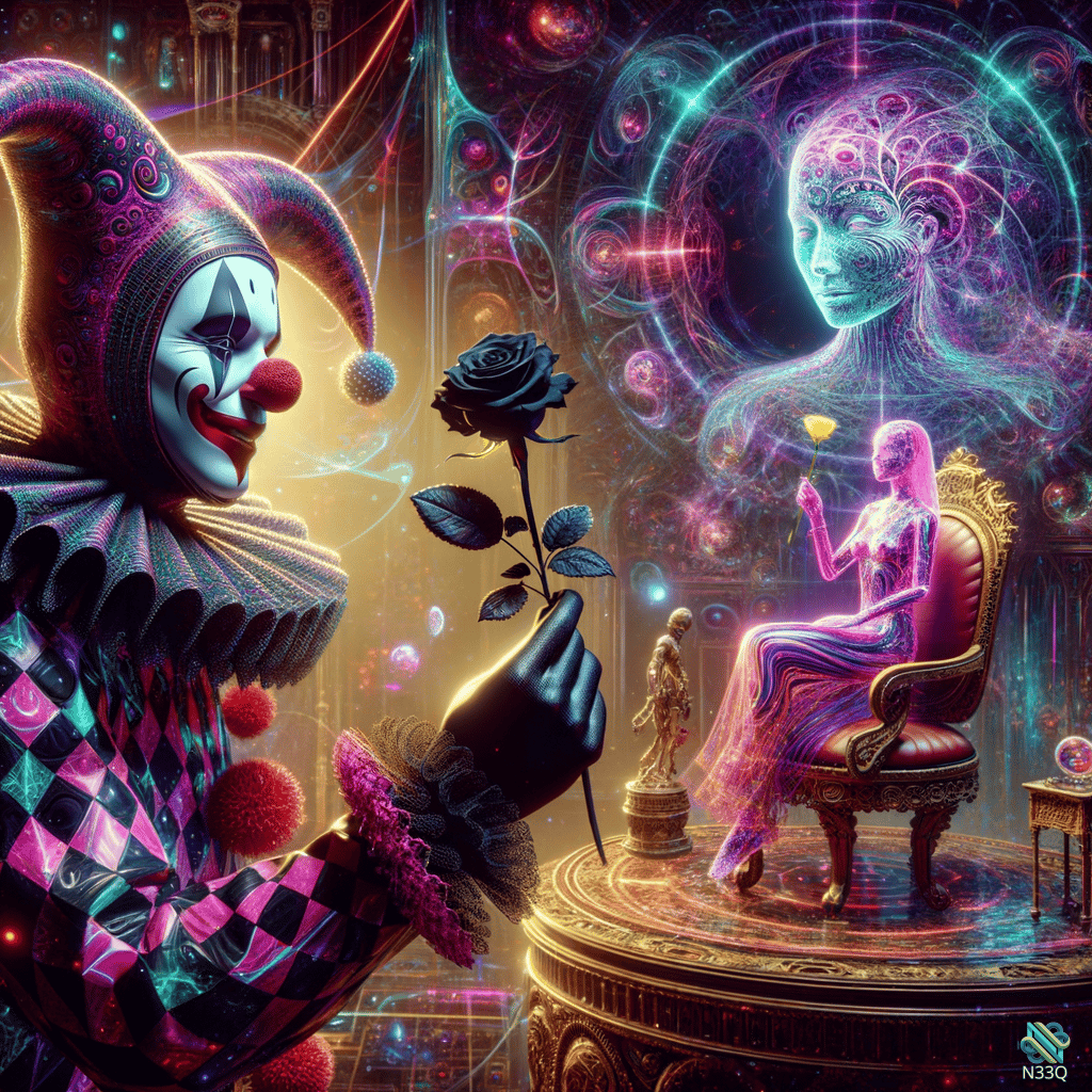 Clown Offering Black Rose to Neon Goddess