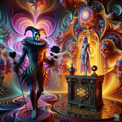 Jester Offering Rose to Glowing Nude Figure