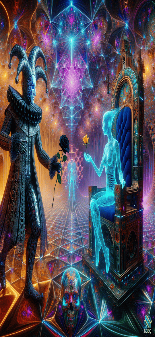 Jester Offering Rose to Holographic Queen