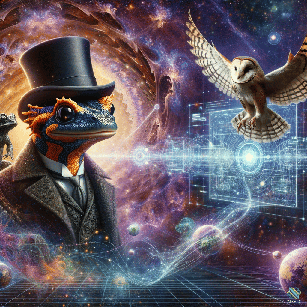 Top-Hatted Frog in Cosmic Nebula with Owl