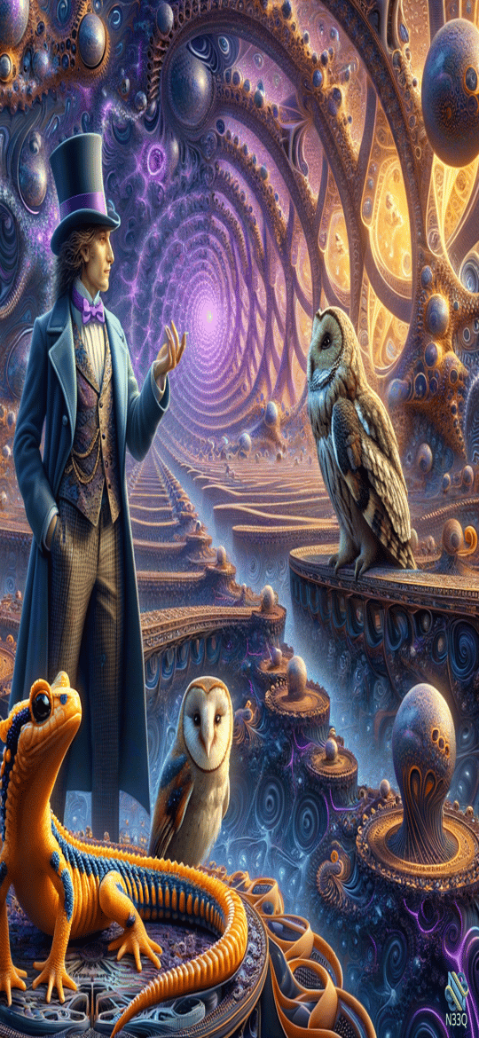 Gentleman in Top Hat with Owls and Salamander