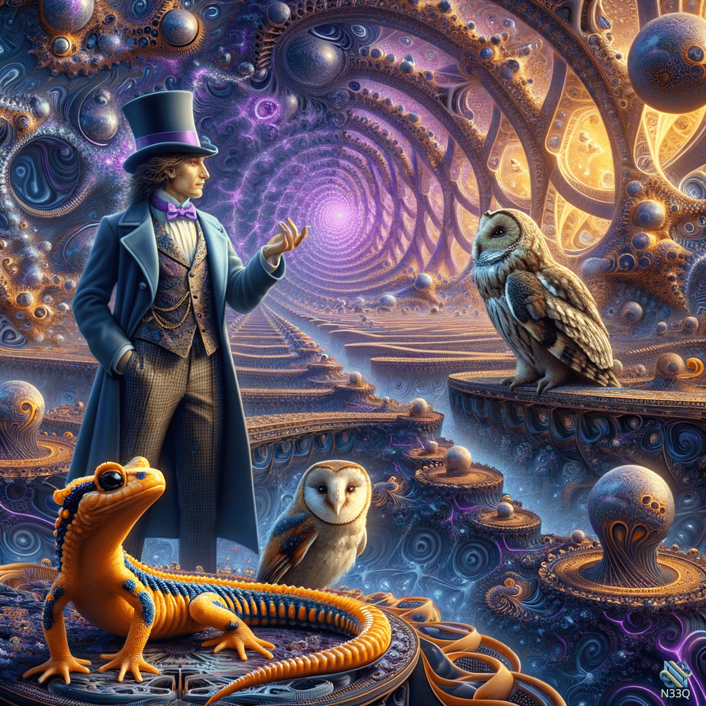 Gentleman in Top Hat with Owls and Salamander