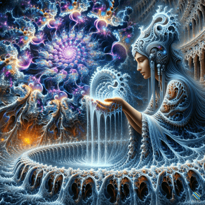 Ethereal Woman at Cosmic Light Fountain