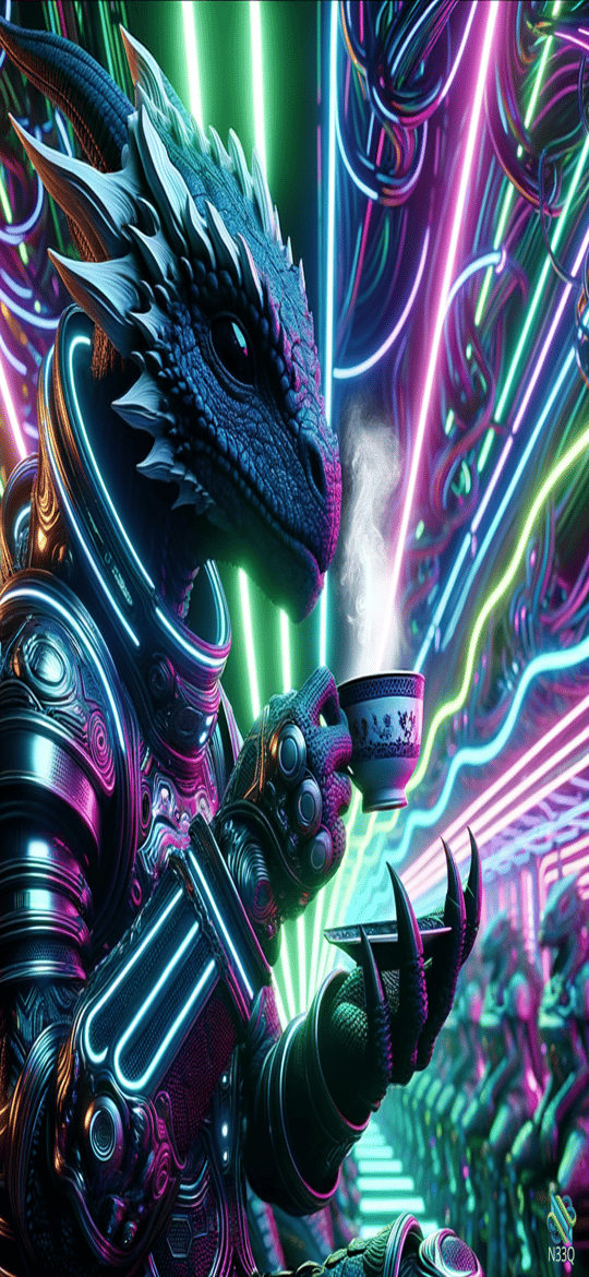 Cybernetic Dragon Sipping Tea in Neon Alley
