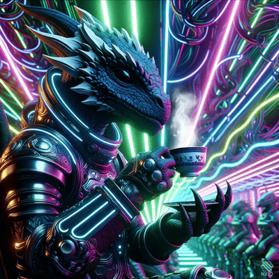 Cybernetic Dragon Sipping Tea in Neon Alley