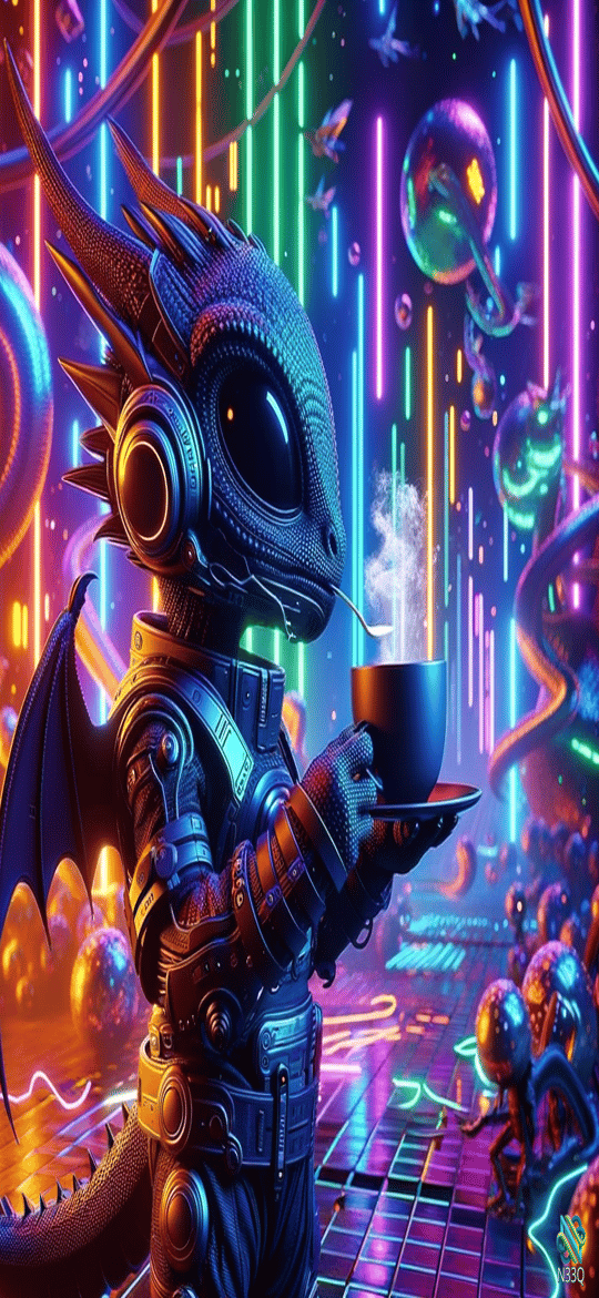 Cybernetic Dragon Sipping Coffee in Neon City