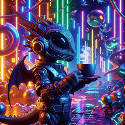 Cybernetic Dragon Sipping Coffee in Neon City